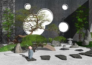 新中式庭院景观小品枯山水景墙松树汀步石灯SU(草图大师)模型