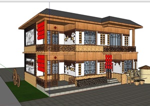 两层中式餐厅餐饮建筑SU(草图大师)模型