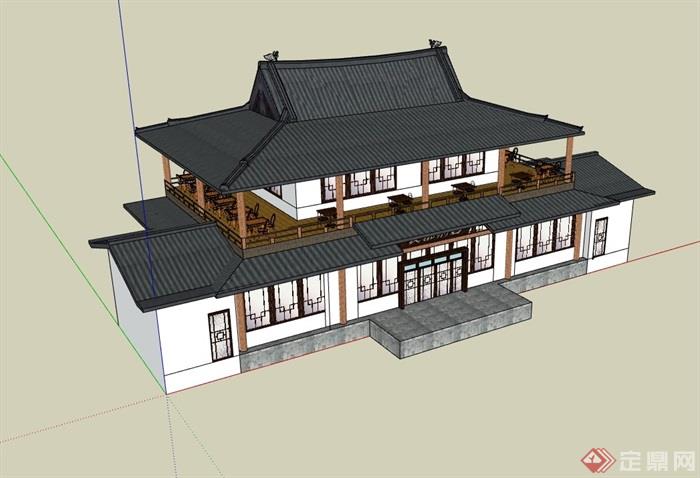 两层古典中式餐厅餐饮建筑su模型