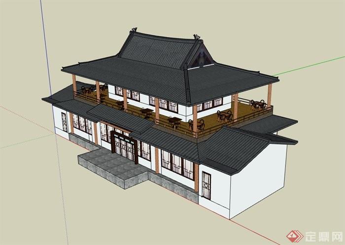 两层古典中式餐厅餐饮建筑su模型