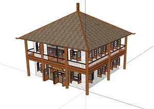 两层中式餐厅餐饮建筑SU(草图大师)模型