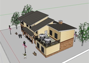 详细的两层餐厅餐饮建筑SU(草图大师)模型
