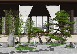 新中式庭院景观枯山水景观小品松树亭子石头SU(草图大师)模型