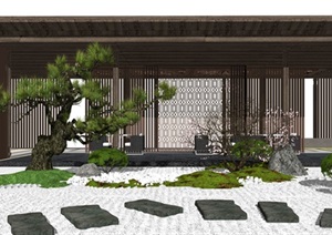 新中式庭院景观枯山水景观小品亭子松树景观树SU(草图大师)模型