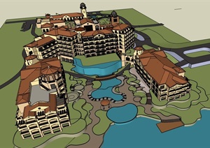 西班牙风格详细酒店经典的建筑SU(草图大师)模型