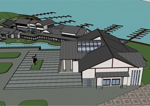 中式滨水完整的酒店经典的建筑SU(草图大师)模型