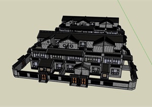 中式风格详细的居住完整别墅SU(草图大师)模型