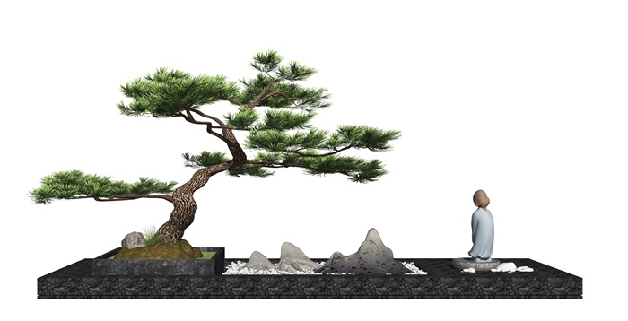 新中式景观小品庭院景观片石假山松树佛像SU模型(1)