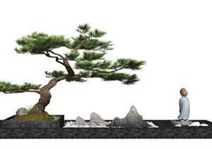 新中式景观小品庭院景观片石假山松树佛像SU(草图大师)模型