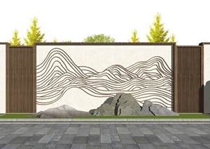 新中式景墙片石假山景观小品景观树植物SU(草图大师)模型