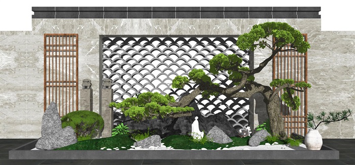 新中式庭院景观 景观小品 景墙 树 石头su模型(2)