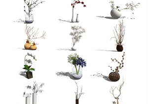 现代花瓶摆件盆栽装饰品组合SU(草图大师)模型