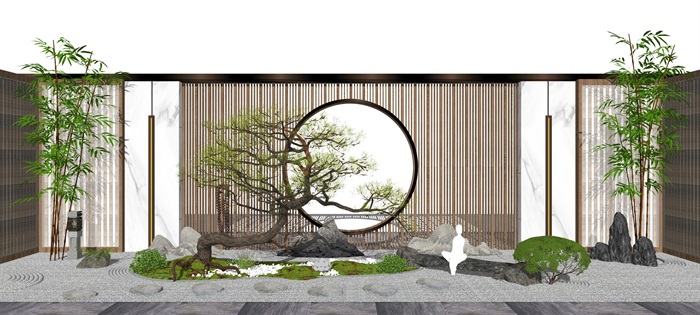 新中式庭院景观 景观小品 隔断 景墙 树 石头su模型(2)