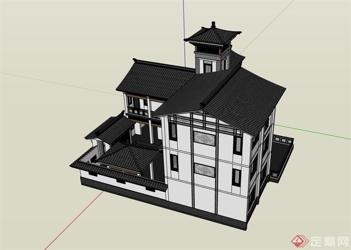 详细的中式别墅居住建筑楼su模型