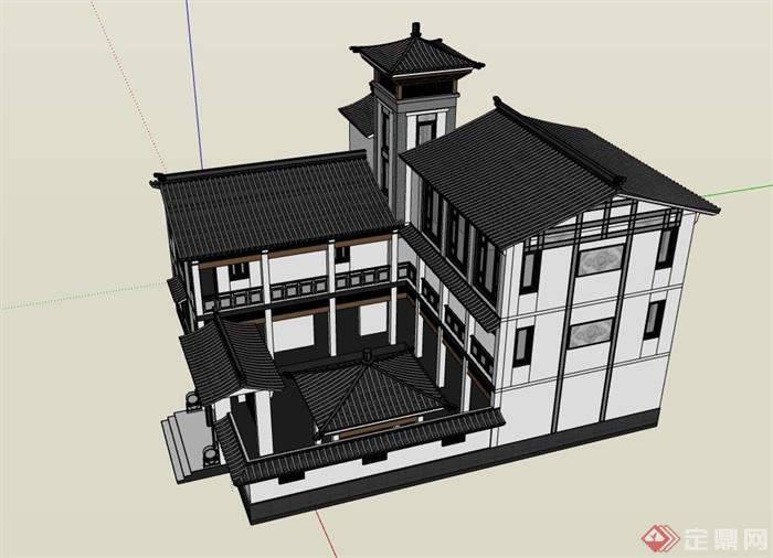 详细的中式别墅居住建筑楼su模型