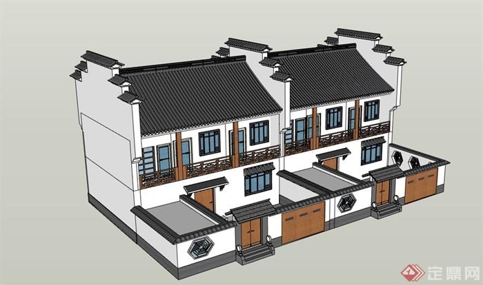 中式双拼居住详细的别墅设计su模型