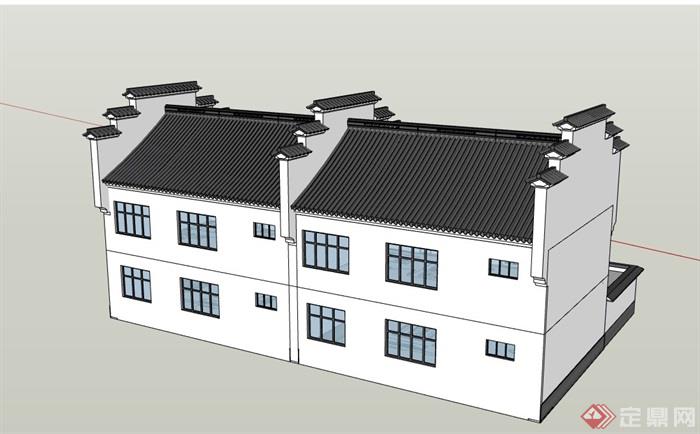 中式双拼居住详细的别墅设计su模型