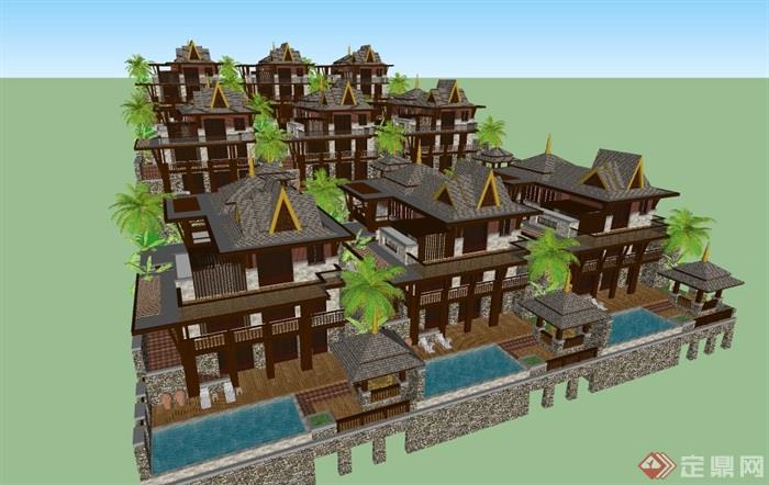 东南亚风格居住详细的别墅设计su模型