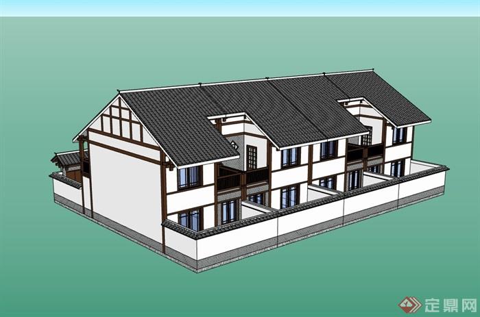 中式小区居住详细的别墅设计su模型