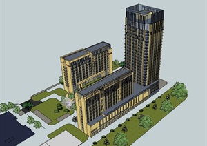 现代三栋高层办公楼建筑SU(草图大师)模型