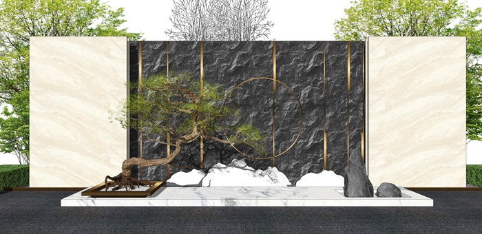 新中式景墙景观小品景观树松树片石假山SU模型(2)