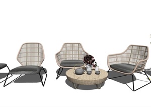 北欧餐桌椅 户外藤编椅子 户外休闲编织沙发 户外餐桌椅SU(草图大师)模型