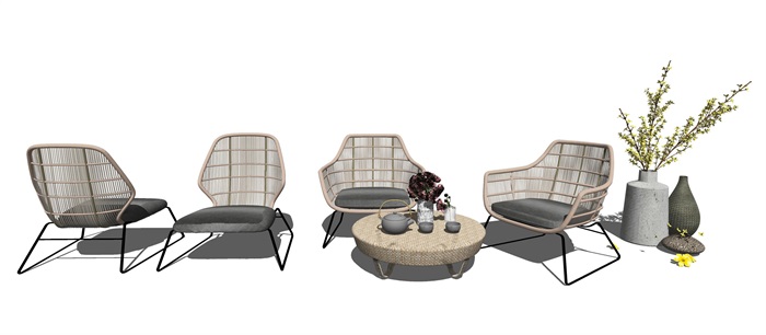 北欧餐桌椅 户外藤编椅子 户外休闲编织沙发 户外餐桌椅su模型(1)