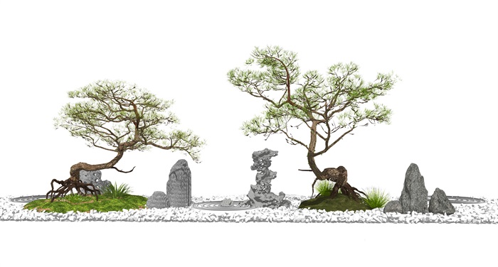 新中式景观小品枯山水松树景观树石头SU模型(1)