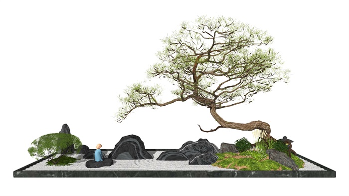 新中式景观小品片石假山松树庭院景观SU模型(2)