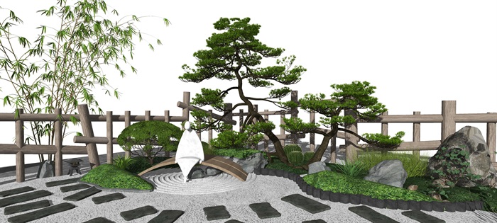 新中式庭院景观 景观小品 树 石头 栏杆 枯山水 植物su模型(1)
