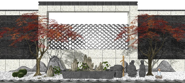 新中式庭院景观 景观小品 树 石头景墙 鹅卵石 植物su模型(2)