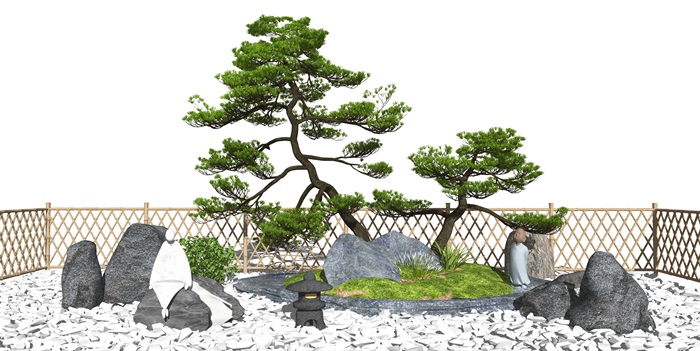 新中式景观小品庭院景观枯山水松树石头SU模型(1)