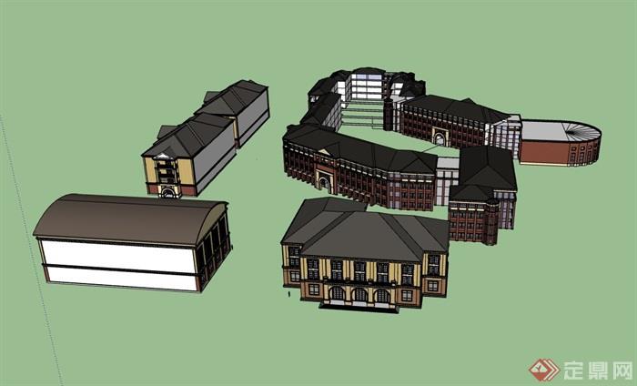 欧式独特完整的多层学校教育建筑楼su模型