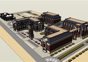 欧式完整的教育学校建筑楼SU(草图大师)模型