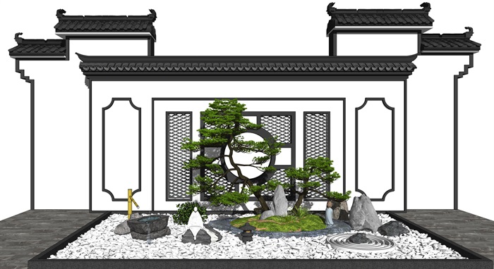 新中式景观小品庭院景观景墙松树石头水景SU模型(1)