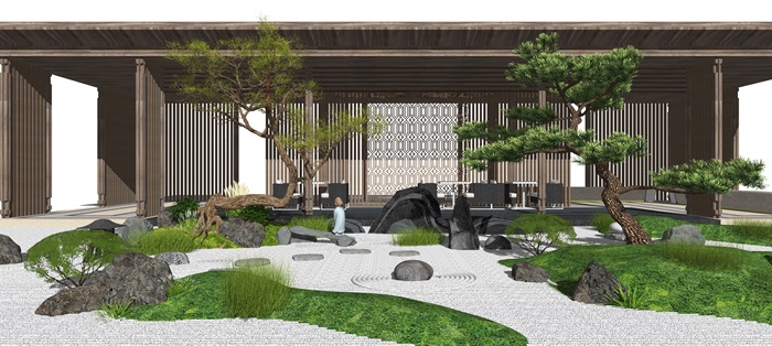 新中式景观小品庭院景观枯山水景观亭松树石头茶室SU模型(3)