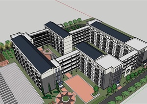 中式校区教育建筑楼设计SU(草图大师)模型