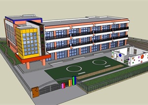 现代风格三层校区教育建筑楼设计SU(草图大师)模型