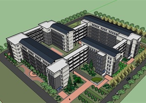 中式风格详细的学校教育建筑楼SU(草图大师)模型