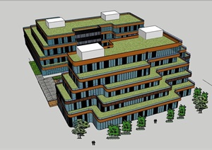 现代详细的多层办公建筑楼SU(草图大师)模型