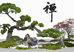 新中式庭院景观 景观小品 树 石头草坪SU(草图大师)模型