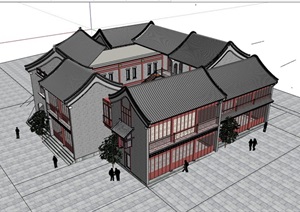 两层中式餐饮酒楼建筑SU(草图大师)模型