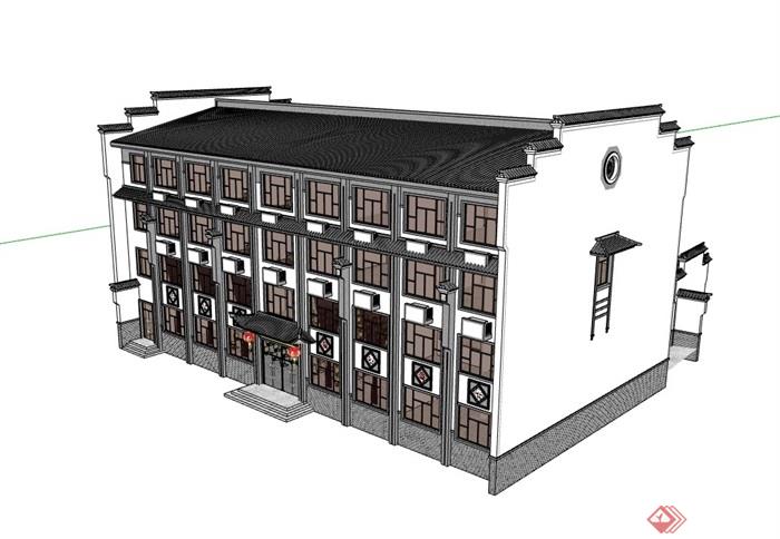 中式多层餐饮酒楼建筑设计su模型