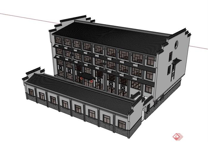 中式多层餐饮酒楼建筑设计su模型