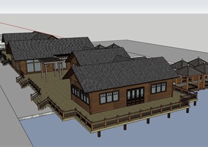单层中式餐饮酒楼建筑SU(草图大师)模型