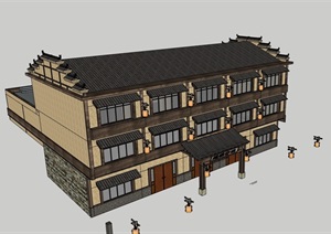 三层古典中式餐饮酒楼建筑SU(草图大师)模型