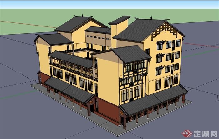 中式多层餐饮酒楼建筑su模型