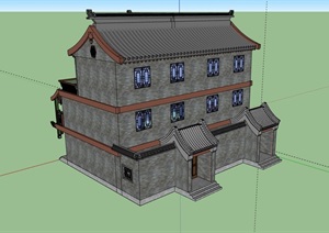 多层古典中式餐饮酒楼建筑SU(草图大师)模型