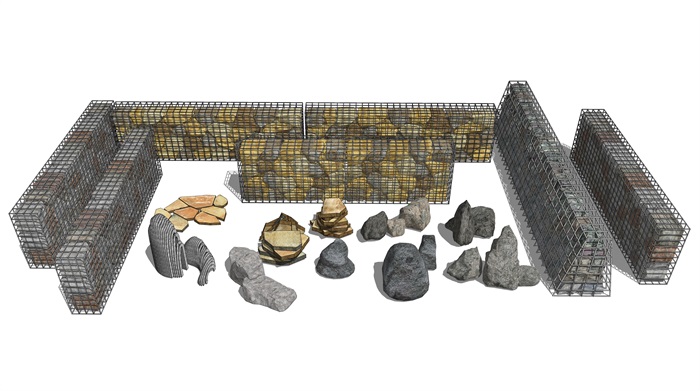 新中式假山石头石笼网石头墙景观石头SU模型(2)