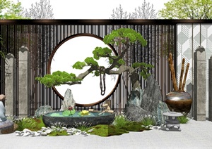 新中式景墙景观小品跌水景观枯山水石头石灯栓马柱SU(草图大师)模型
